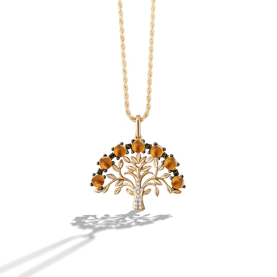 Citrine and Green Tourmaline with Diamond Accent Tree Pendant in Sterling Silver with 24K Gold Plate - 26"