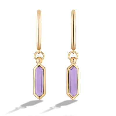 Limor Elongated Hexagon Amethyst Solitaire Hoop Drop Earrings in 10K Gold
