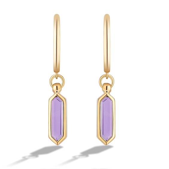 Limor Elongated Hexagon Amethyst Solitaire Hoop Drop Earrings in 10K Gold