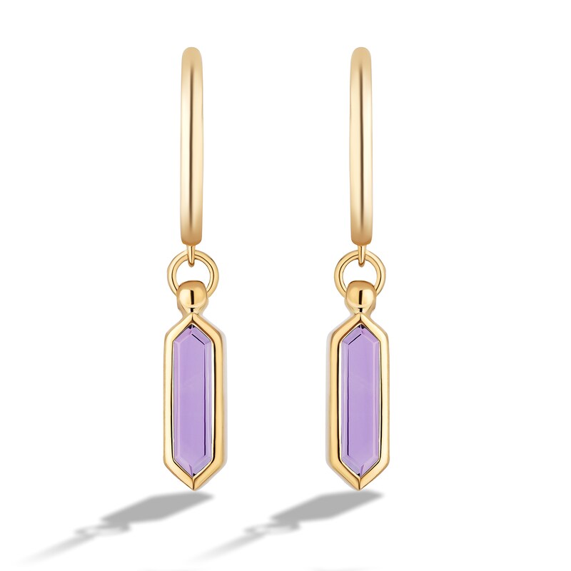Main Image 1 of Limor Elongated Hexagon Amethyst Solitaire Hoop Drop Earrings in 10K Gold