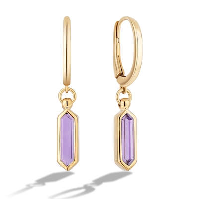 Limor Elongated Hexagon Amethyst Solitaire Hoop Drop Earrings in 10K Gold