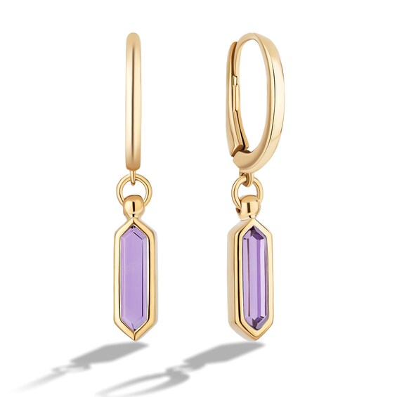 Limor Elongated Hexagon Amethyst Solitaire Hoop Drop Earrings in 10K Gold