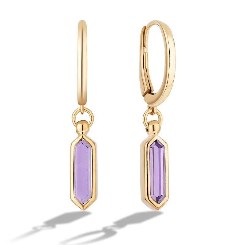 Main Image 2 of Limor Elongated Hexagon Amethyst Solitaire Hoop Drop Earrings in 10K Gold