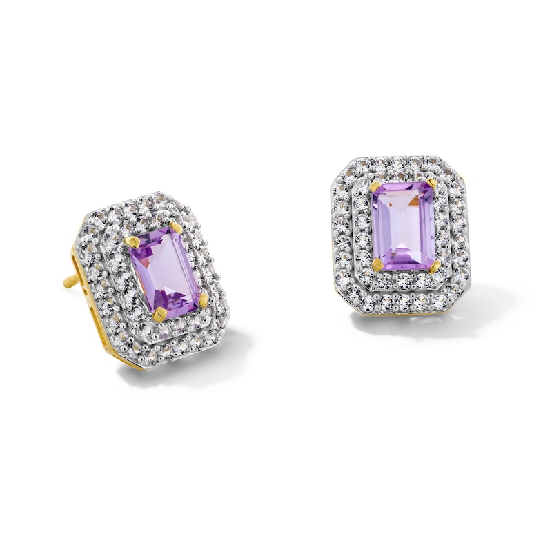 Main Image 1 of Emerald-Cut Amethyst and White Lab-Created Sapphire Double Frame Stud Earrings in 10K Gold