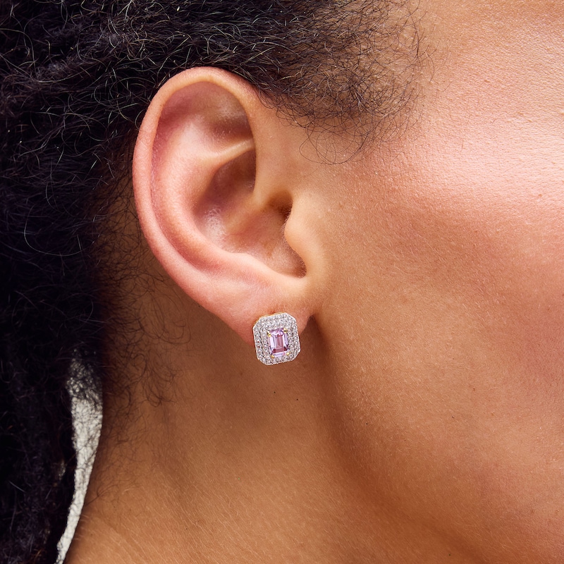 Main Image 2 of Emerald-Cut Amethyst and White Lab-Created Sapphire Double Frame Stud Earrings in 10K Gold