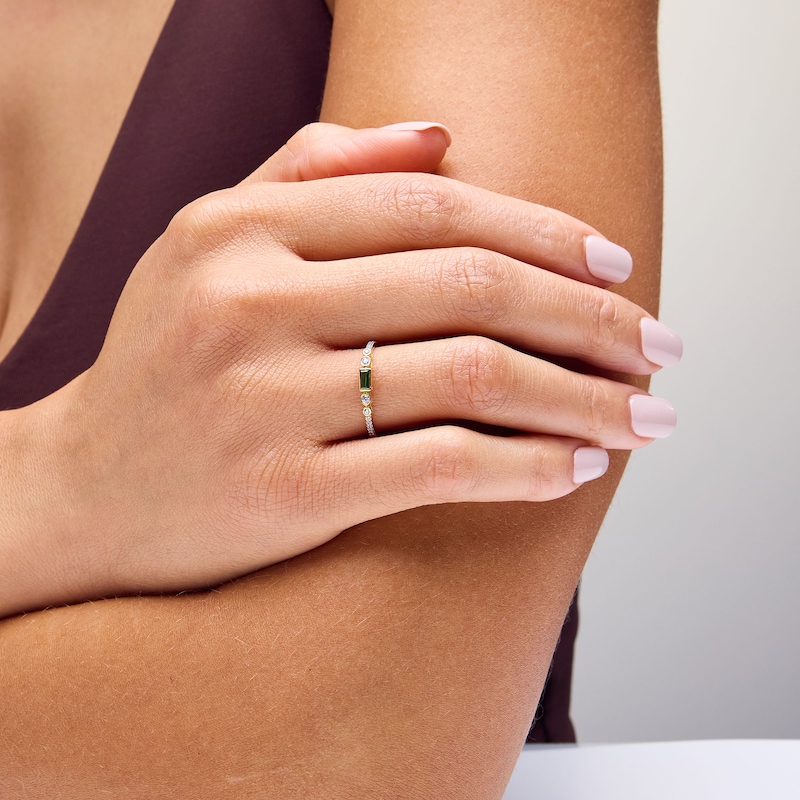 Main Image 2 of Baguette-Cut Lab-Created Emerald and White Lab-Created Sapphire Stackable Ring in 10K Gold