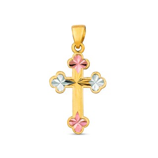 Diamond-Cut Fleur-de-Lis Cross Necklace Charm in Semi-Solid 14K Tri-Tone Gold