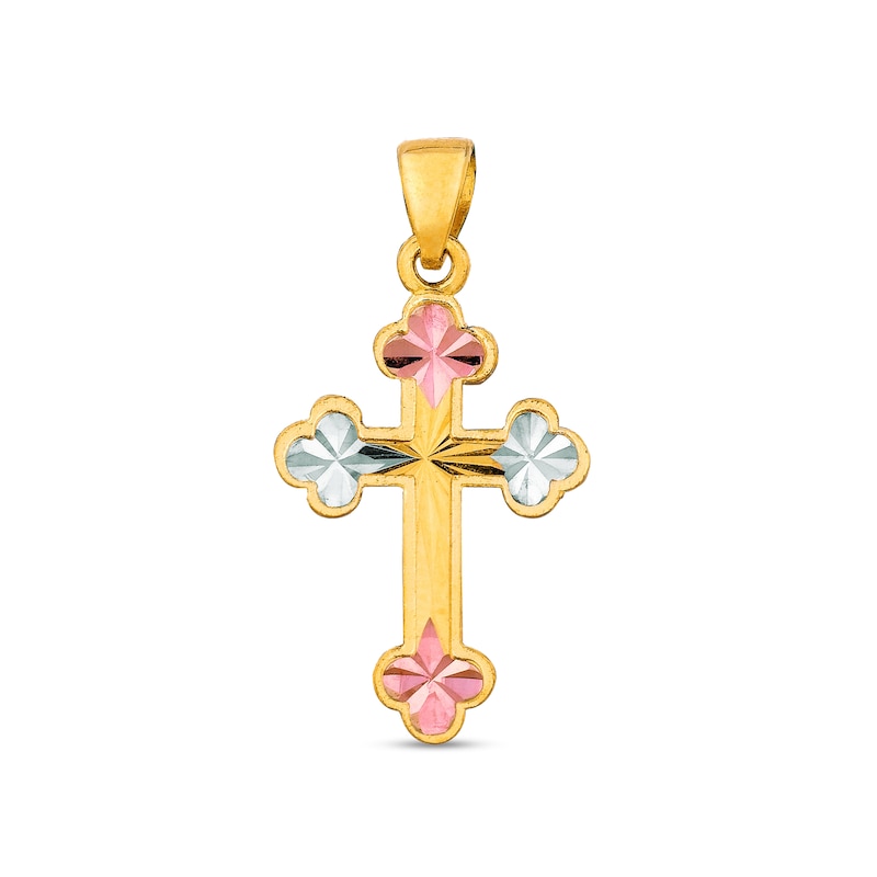 Main Image 1 of Diamond-Cut Fleur-de-Lis Cross Necklace Charm in Semi-Solid 14K Tri-Tone Gold