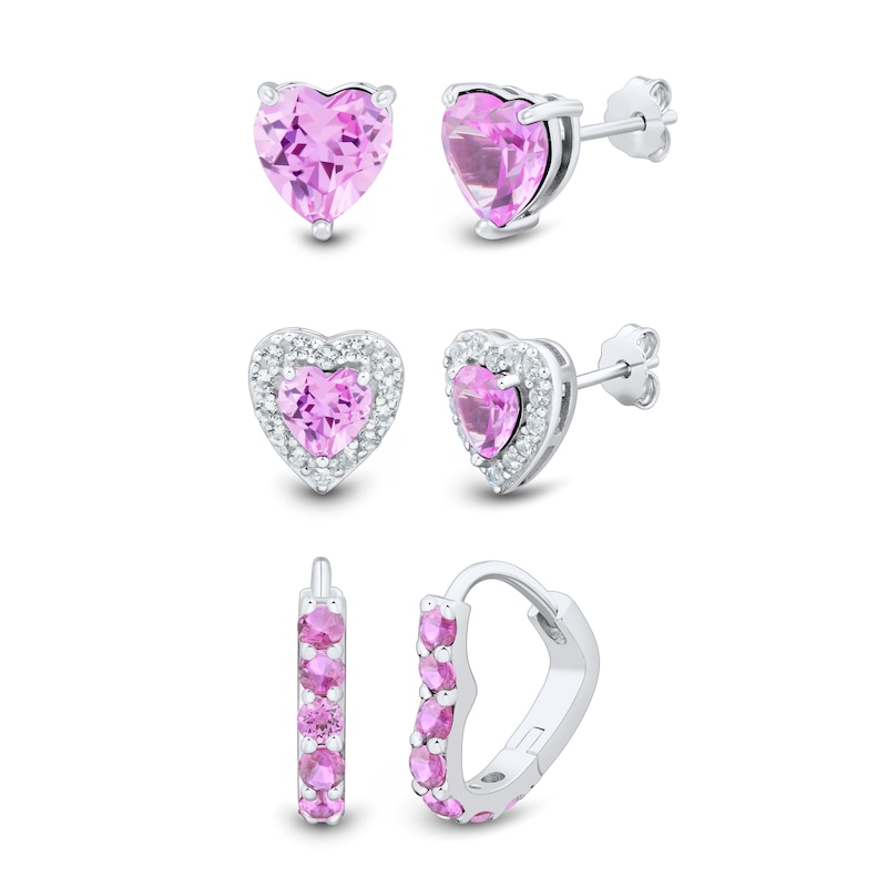 Main Image 1 of Pink and White Lab-Created Sapphire Heart Stud and Hoop Three Pair Earrings Set in Sterling Silver