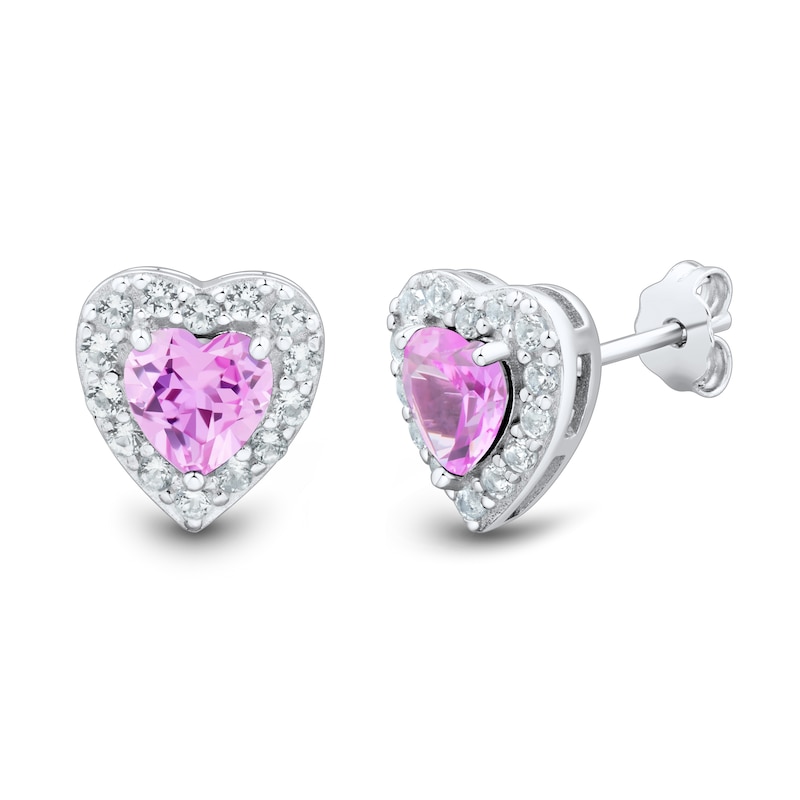 Main Image 2 of Pink and White Lab-Created Sapphire Heart Stud and Hoop Three Pair Earrings Set in Sterling Silver
