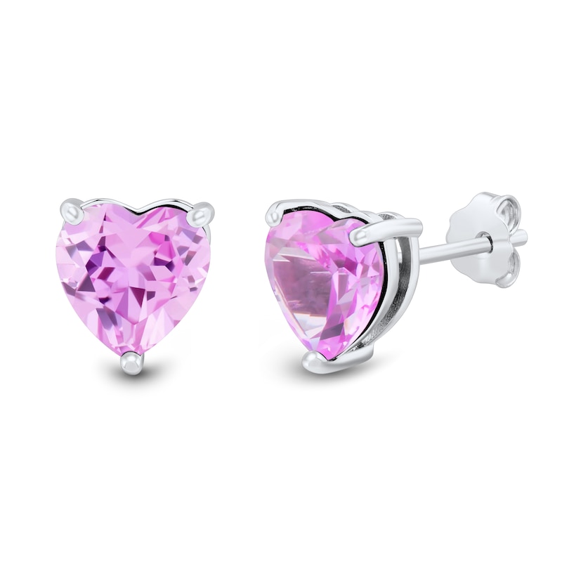 Main Image 3 of Pink and White Lab-Created Sapphire Heart Stud and Hoop Three Pair Earrings Set in Sterling Silver