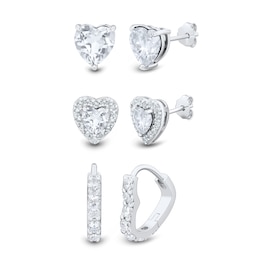 White Lab-Created Sapphire Heart Stud and Hoop Three Pair Earrings Set in Sterling Silver