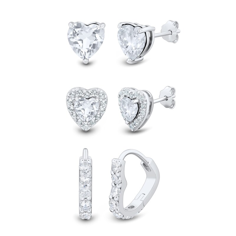 Main Image 1 of White Lab-Created Sapphire Heart Stud and Hoop Three Pair Earrings Set in Sterling Silver
