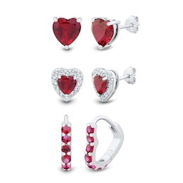 Lab-Created Ruby and White Lab-Created Sapphire Heart Stud and Hoop Three Pair Earrings Set in Sterling Silver