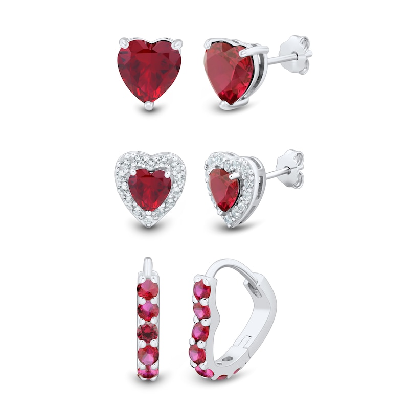 Lab-Created Ruby and White Lab-Created Sapphire Heart Stud and Hoop Three Pair Earrings Set in Sterling Silver