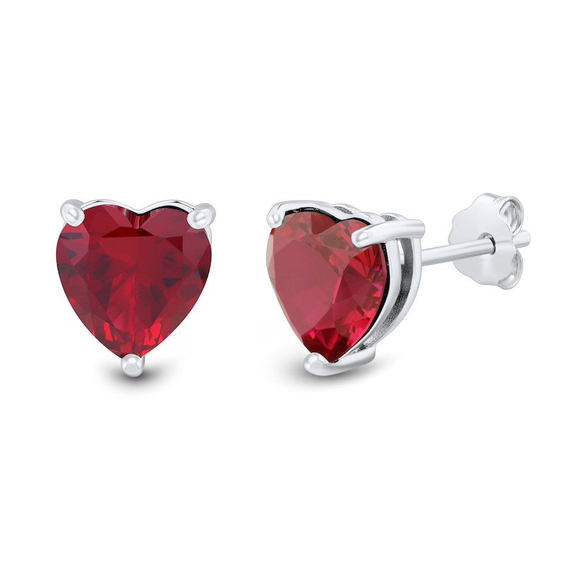 Lab-Created Ruby and White Lab-Created Sapphire Heart Stud and Hoop Three Pair Earrings Set in Sterling Silver