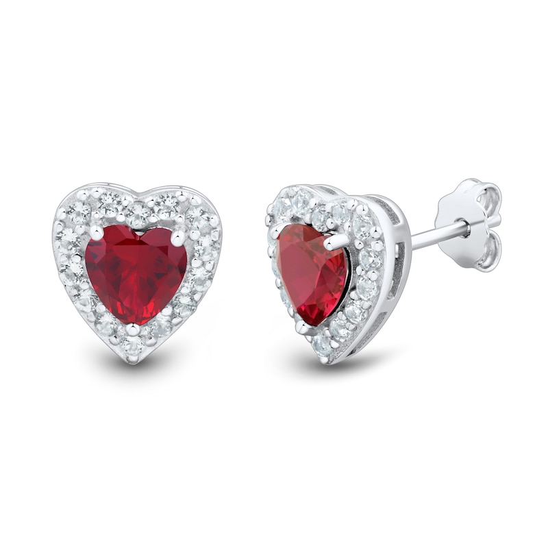 Lab-Created Ruby and White Lab-Created Sapphire Heart Stud and Hoop Three Pair Earrings Set in Sterling Silver