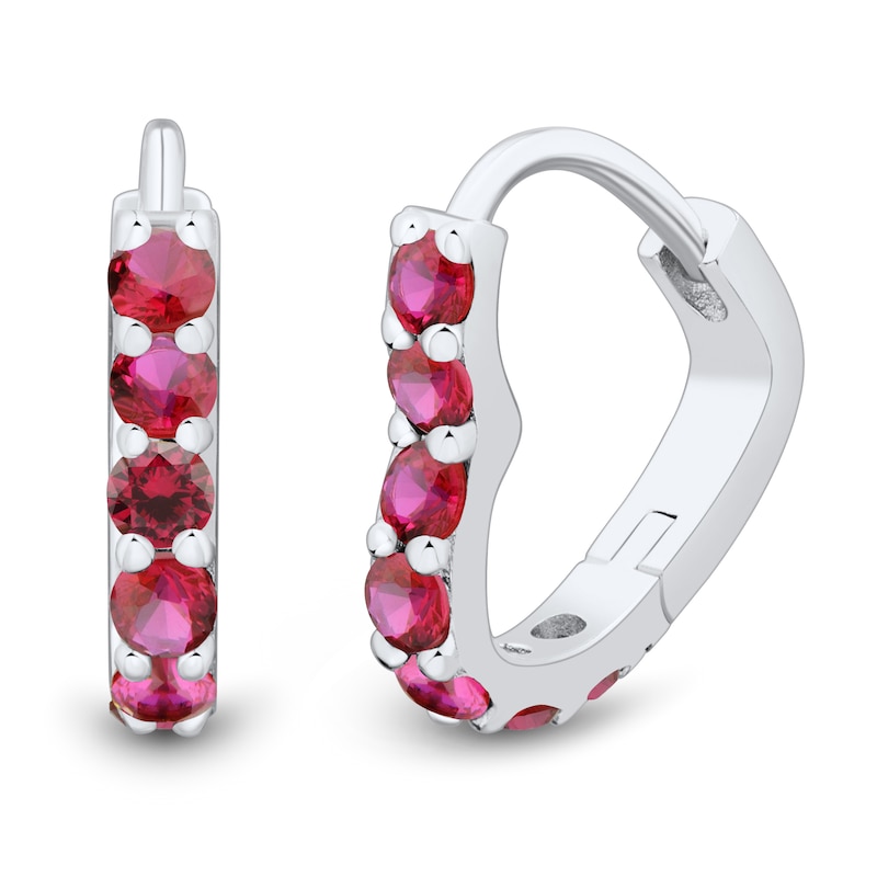 Lab-Created Ruby and White Lab-Created Sapphire Heart Stud and Hoop Three Pair Earrings Set in Sterling Silver