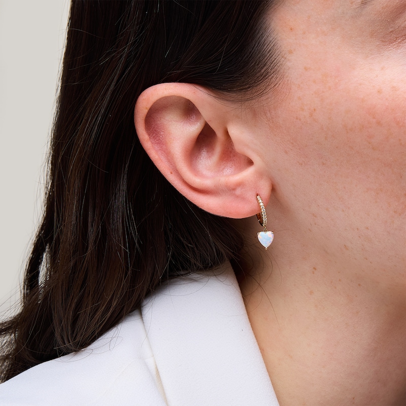 Main Image 2 of 6.0mm Heart-Shaped Lab-Created Opal and 0.115 CT. T.W. Diamond Hoop Drop Earrings in 10K Gold