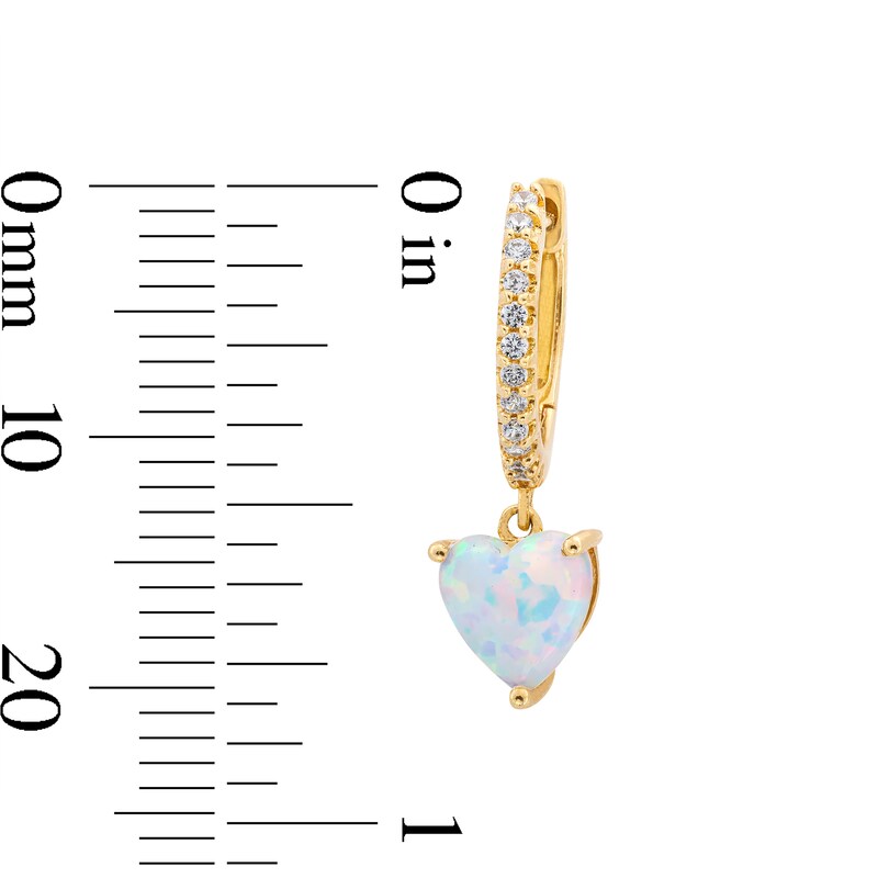 Main Image 3 of 6.0mm Heart-Shaped Lab-Created Opal and 0.115 CT. T.W. Diamond Hoop Drop Earrings in 10K Gold