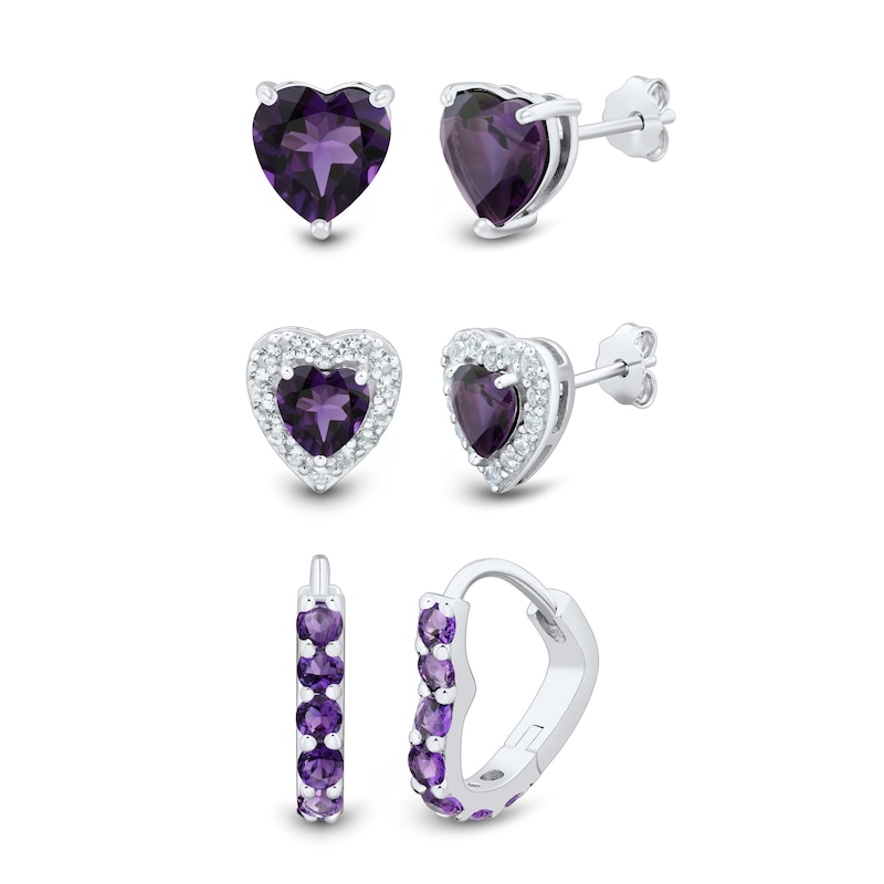 Amethyst and White Lab-Created Sapphire Heart Stud and Hoop Three Pair Earrings Set in Sterling Silver