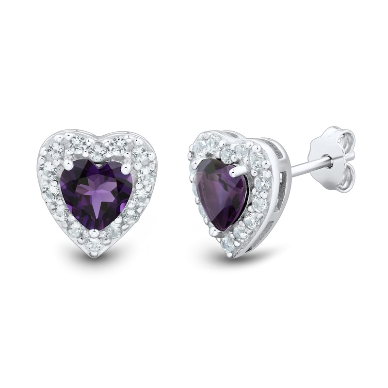 Amethyst and White Lab-Created Sapphire Heart Stud and Hoop Three Pair Earrings Set in Sterling Silver