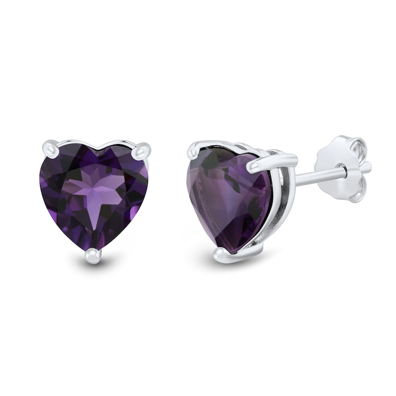 Amethyst and White Lab-Created Sapphire Heart Stud and Hoop Three Pair Earrings Set in Sterling Silver