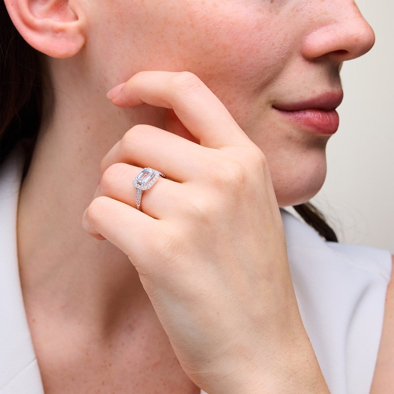 Main Image 2 of Sideways Emerald-Cut Blue Aquamarine and White Lab-Created Sapphire Frame Ring in Sterling Silver