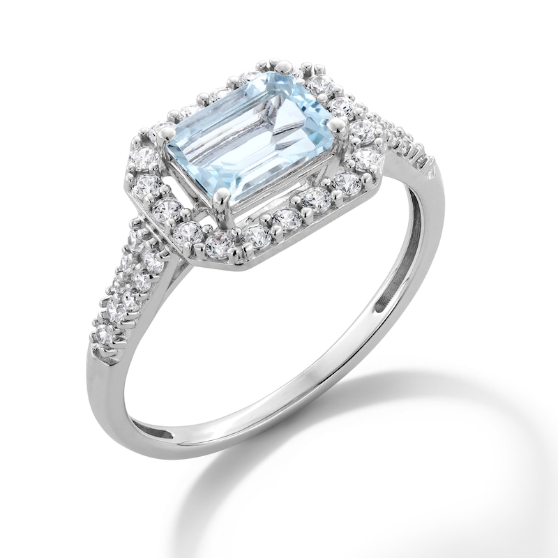 Main Image 3 of Sideways Emerald-Cut Blue Aquamarine and White Lab-Created Sapphire Frame Ring in Sterling Silver