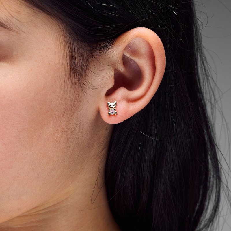 Child's Pink Cubic Zirconia Teddy Bear Stud Earrings in Solid 14K Gold