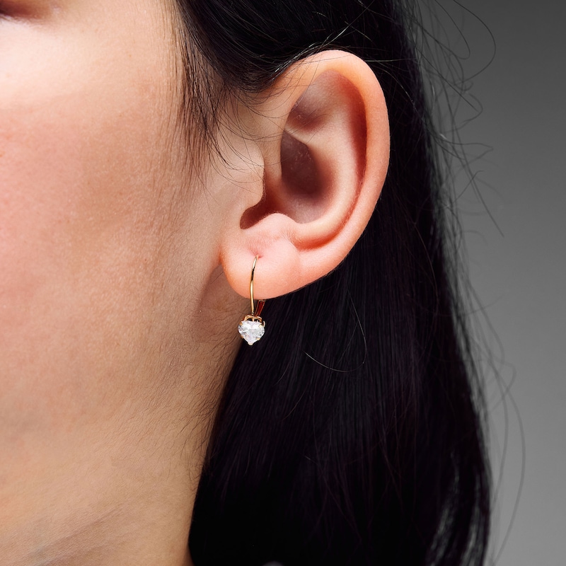Child's 5.0mm Heart-Shaped Cubic Zirconia Solitaire Drop Earrings in Solid 14K Gold