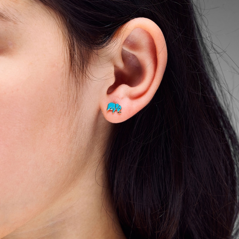 Child's Turquoise and Black Enamel Elephant Stud Earrings in Solid 14K Gold