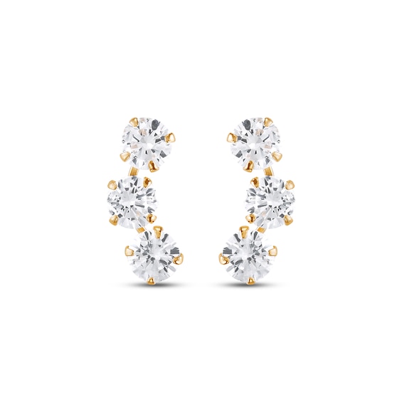 Child’s Cubic Zirconia Curved Three Stone Stud Earrings in Solid 14K Gold