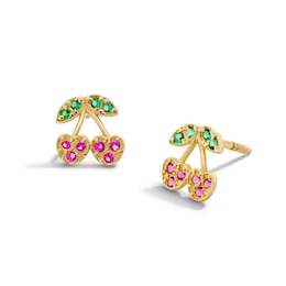 Children’s Lab-Created Ruby and Green Cubic Zirconia Cherry Stud Earrings in Solid 14K Gold