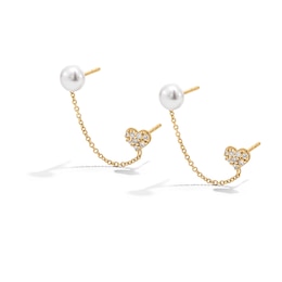 5.0-5.5mm Freshwater Cultured Pearl and White Lab-Created Sapphire Heart Chain Double Stud Earrings in 10K Gold