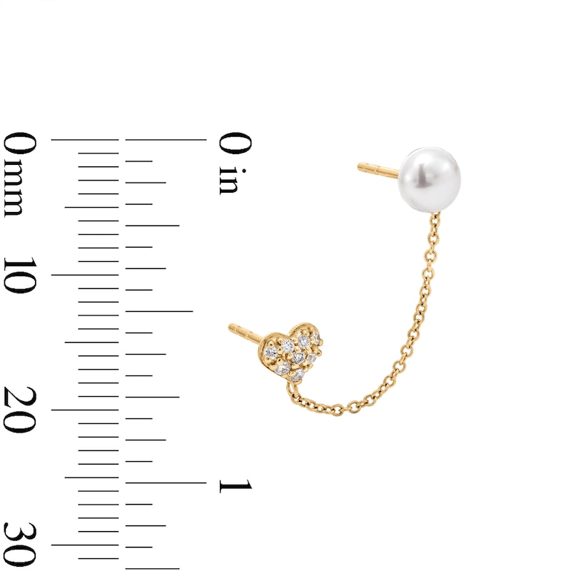 Main Image 2 of 5.0-5.5mm Freshwater Cultured Pearl and White Lab-Created Sapphire Heart Chain Double Stud Earrings in 10K Gold