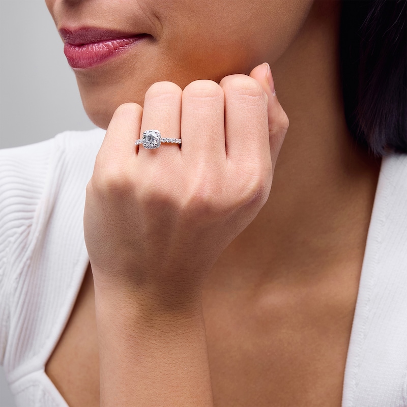 Main Image 2 of 1.50 CT. T.W. Certified Lab-Grown Diamond Cushion Frame Engagement Ring in 14K White Gold (F/VS2)