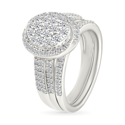 CT. T.W. Oval-Shaped Multi-Diamond Swirl Frame Triple Row Bridal Set in 10K Gold