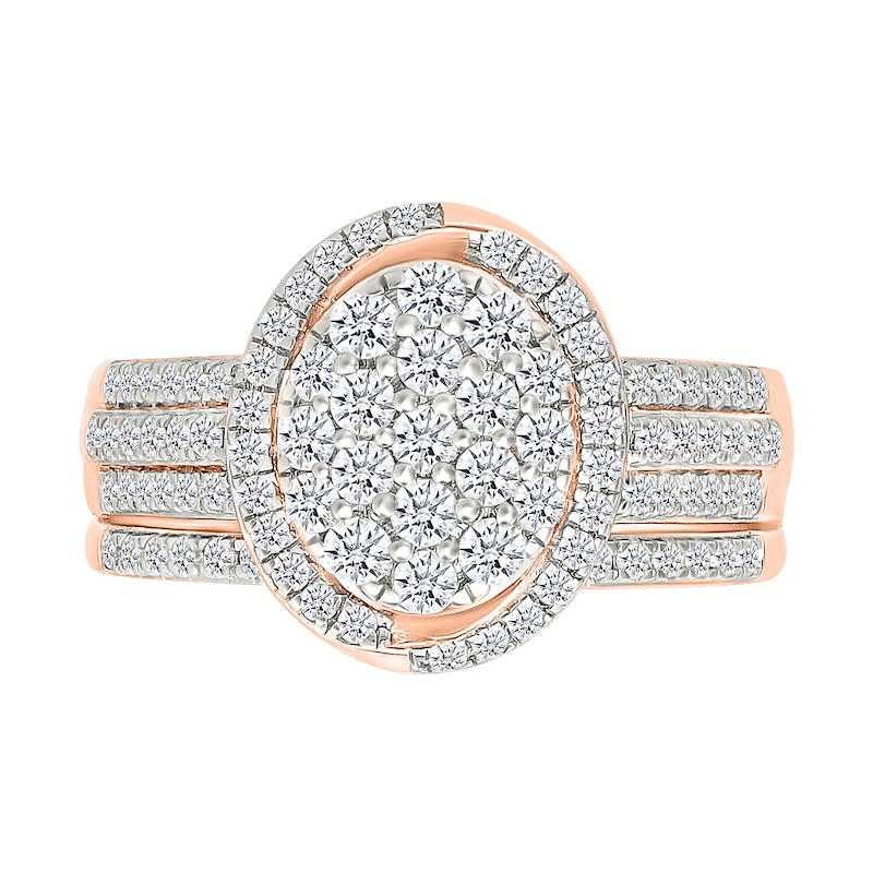 Main Image 1 of 0.95 CT. T.W. Oval-Shaped Multi-Diamond Swirl Frame Triple Row Bridal Set in 10K Rose Gold