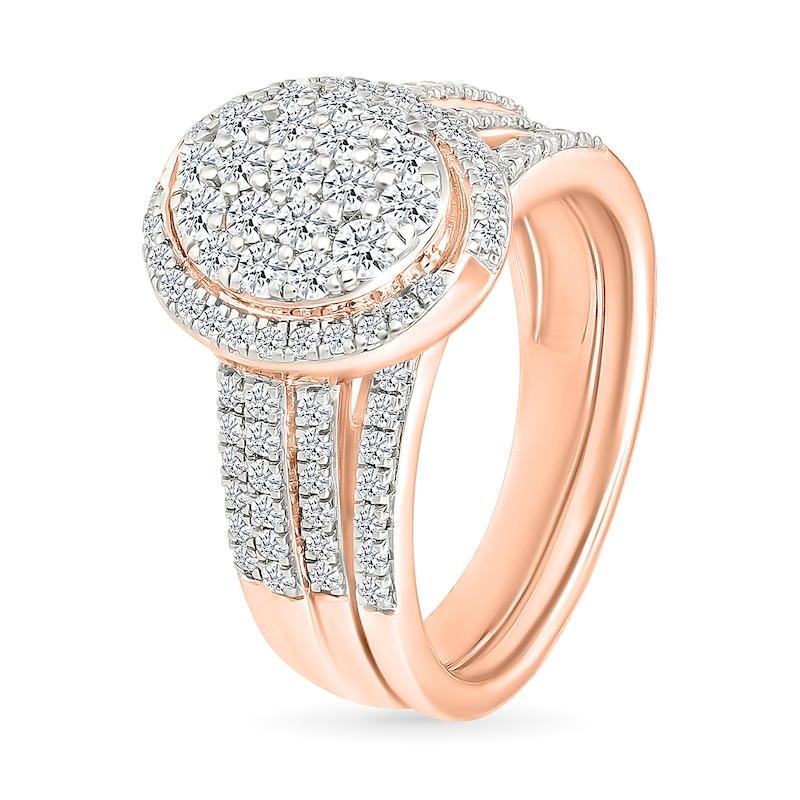 Main Image 2 of 0.95 CT. T.W. Oval-Shaped Multi-Diamond Swirl Frame Triple Row Bridal Set in 10K Rose Gold
