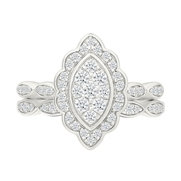 0.45 CT. T.W. Marquise-Shaped Multi-Diamond Flower Frame Scallop Shank Bridal Set in 10K White Gold