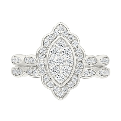 0.45 CT. T.W. Marquise-Shaped Multi-Diamond Flower Frame Scallop Shank Bridal Set in 10K Gold