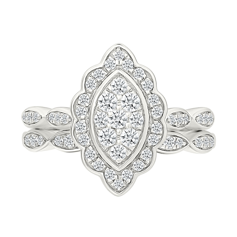 Main Image 1 of 0.45 CT. T.W. Marquise-Shaped Multi-Diamond Flower Frame Scallop Shank Bridal Set in 10K White Gold