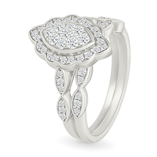 0.45 CT. T.W. Marquise-Shaped Multi-Diamond Flower Frame Scallop Shank Bridal Set in 10K Gold
