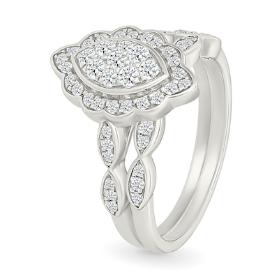 0.45 CT. T.W. Marquise-Shaped Multi-Diamond Flower Frame Scallop Shank Bridal Set in 10K Gold