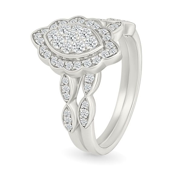 0.45 CT. T.W. Marquise-Shaped Multi-Diamond Flower Frame Scallop Shank Bridal Set in 10K Gold
