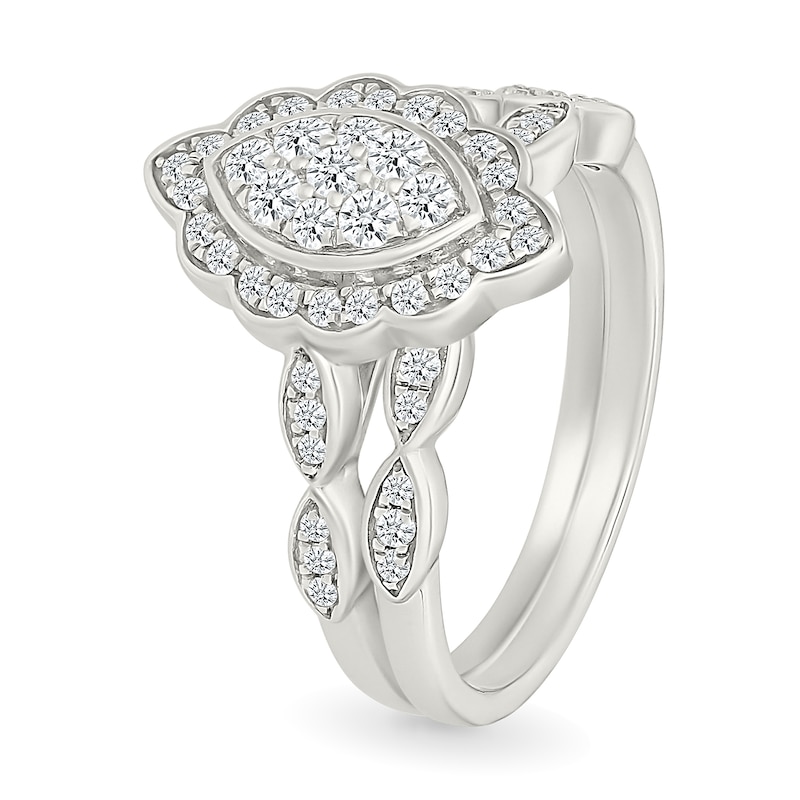 Main Image 2 of 0.45 CT. T.W. Marquise-Shaped Multi-Diamond Flower Frame Scallop Shank Bridal Set in 10K White Gold