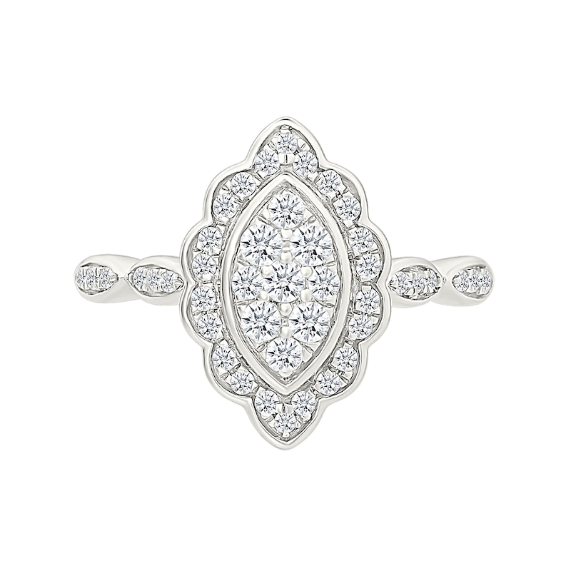 Main Image 3 of 0.45 CT. T.W. Marquise-Shaped Multi-Diamond Flower Frame Scallop Shank Bridal Set in 10K White Gold