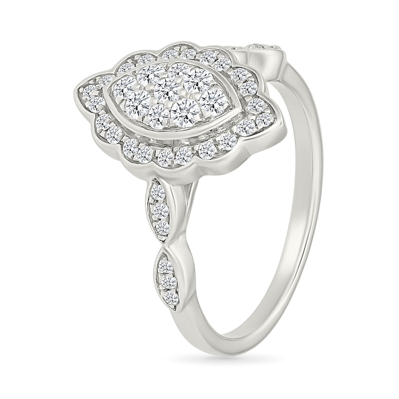Main Image 4 of 0.45 CT. T.W. Marquise-Shaped Multi-Diamond Flower Frame Scallop Shank Bridal Set in 10K White Gold