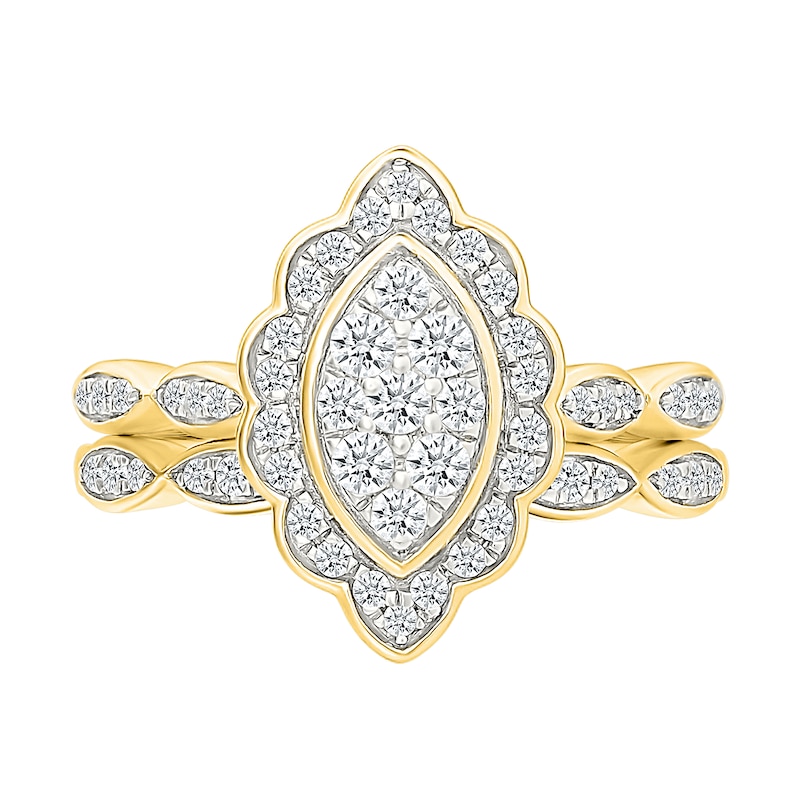 Main Image 1 of 0.45 CT. T.W. Marquise-Shaped Multi-Diamond Flower Frame Scallop Shank Bridal Set in 10K Gold